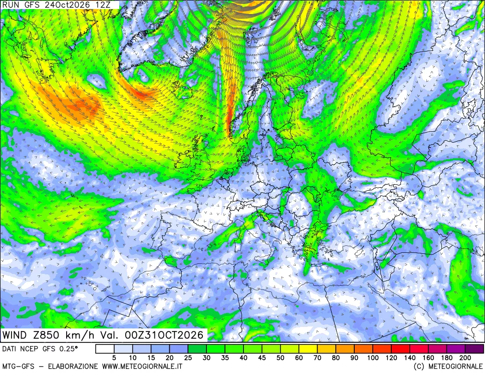 mappa 850 hPa Vento forza e direzione