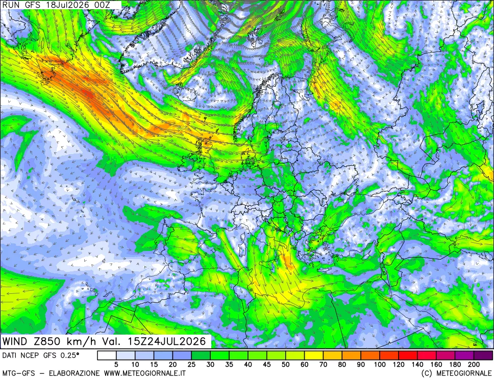 mappa 850 hPa Vento forza e direzione