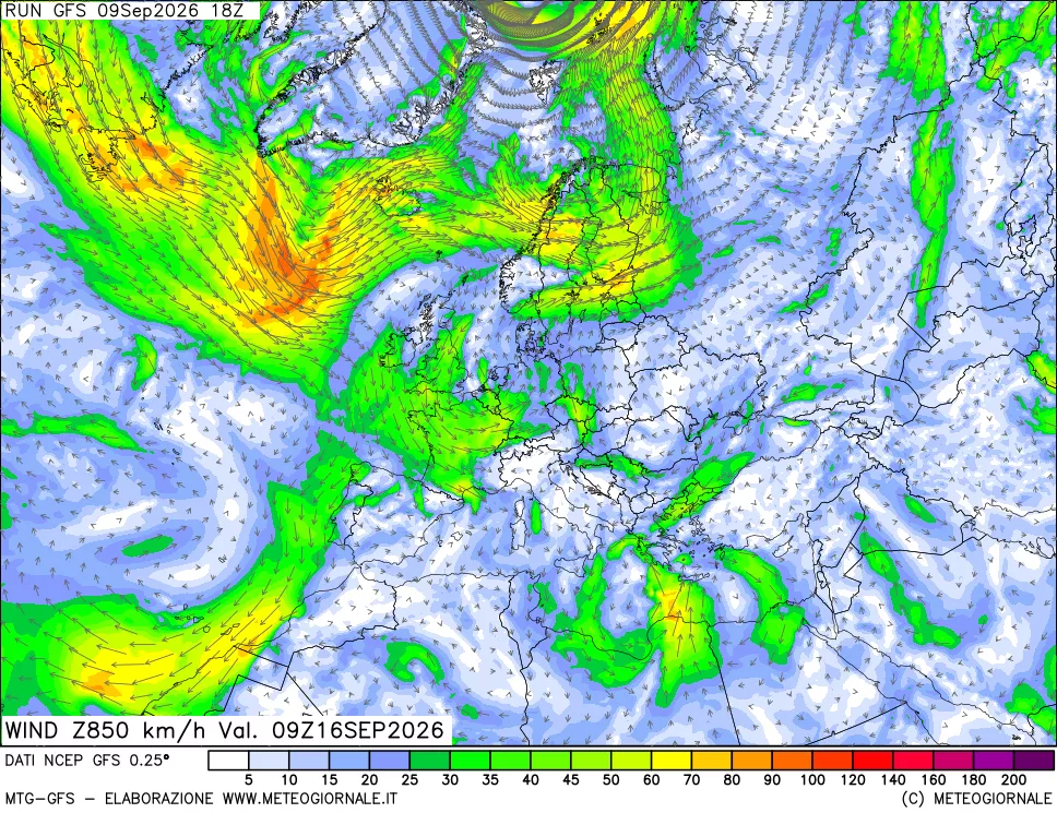 mappa 850 hPa Vento forza e direzione