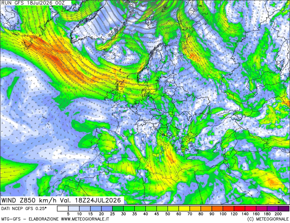 mappa 850 hPa Vento forza e direzione