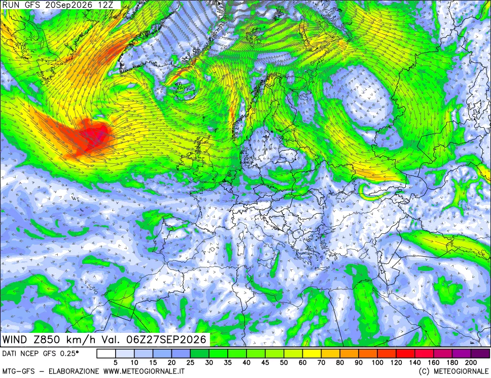 mappa 850 hPa Vento forza e direzione