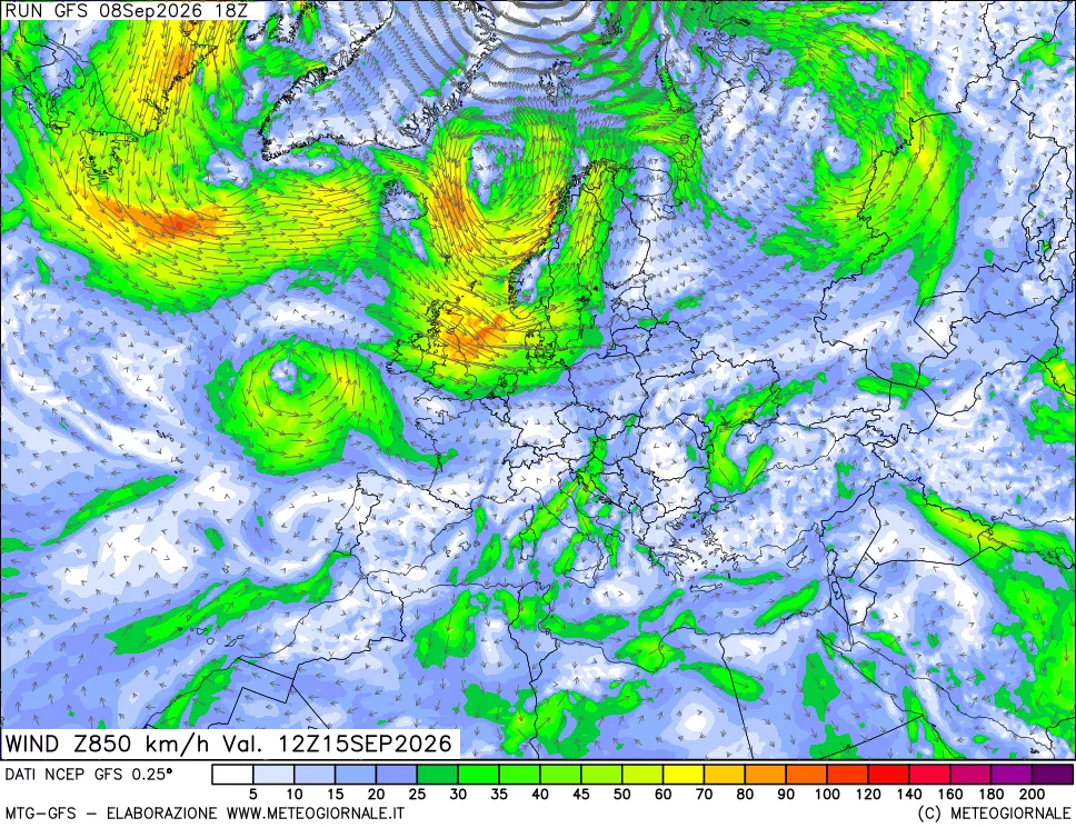 mappa 850 hPa Vento forza e direzione