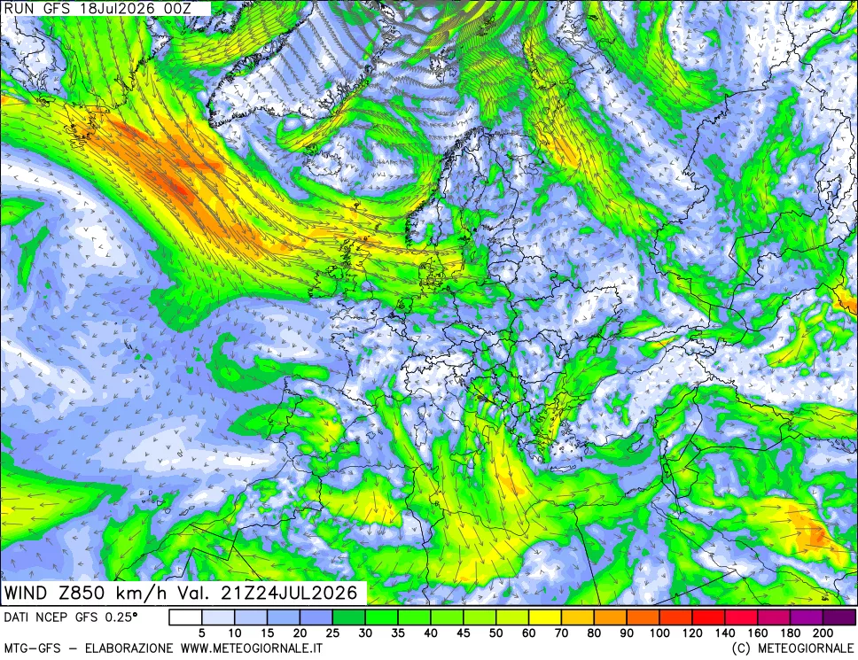mappa 850 hPa Vento forza e direzione