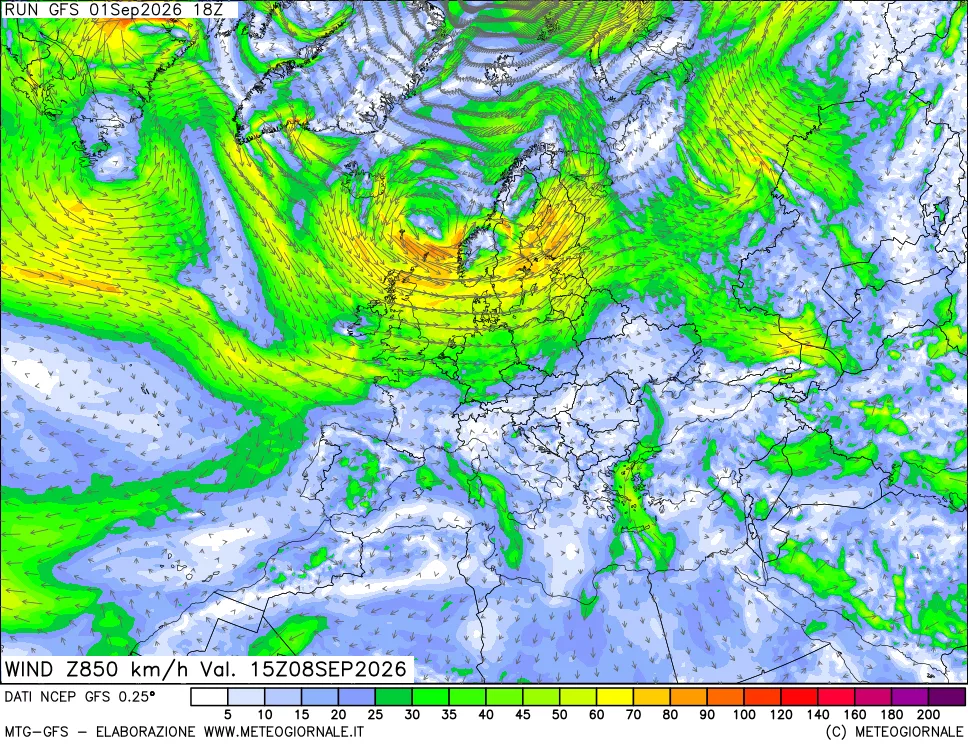 mappa 850 hPa Vento forza e direzione