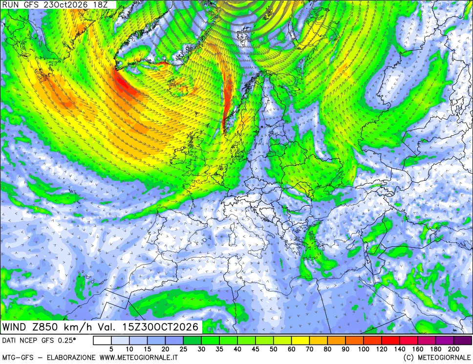 mappa 850 hPa Vento forza e direzione