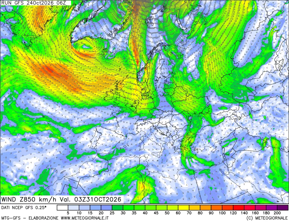 mappa 850 hPa Vento forza e direzione