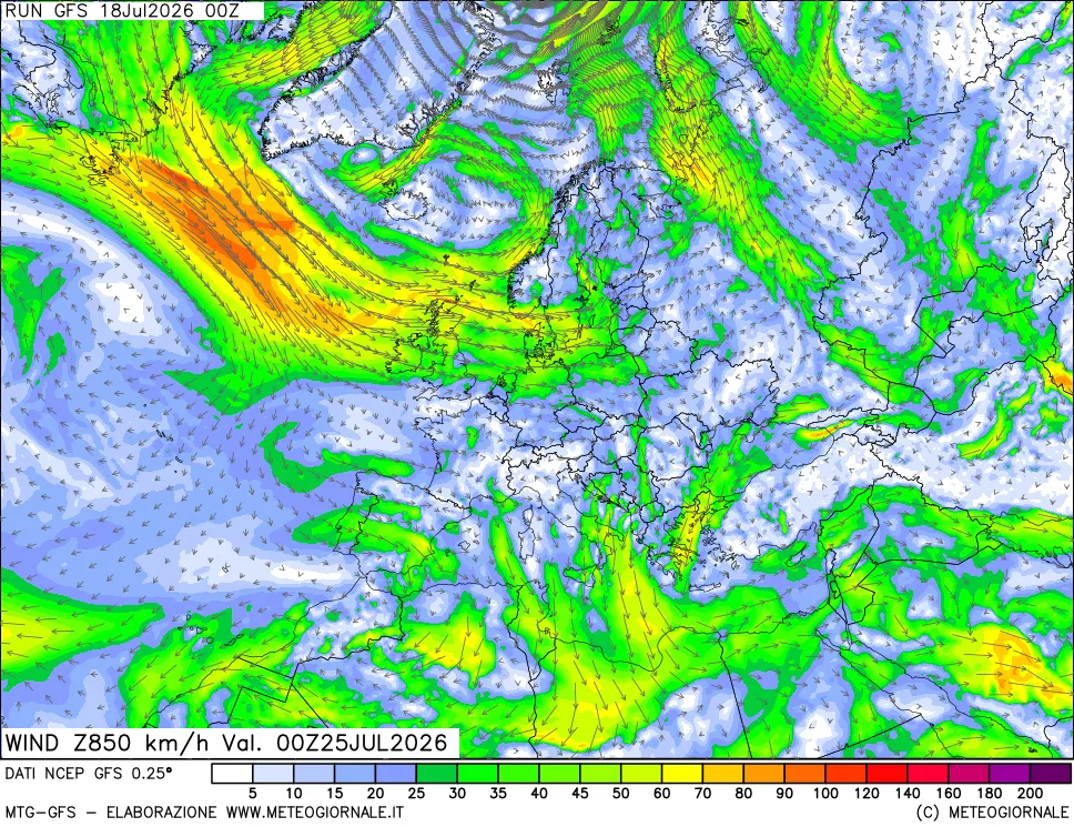 mappa 850 hPa Vento forza e direzione