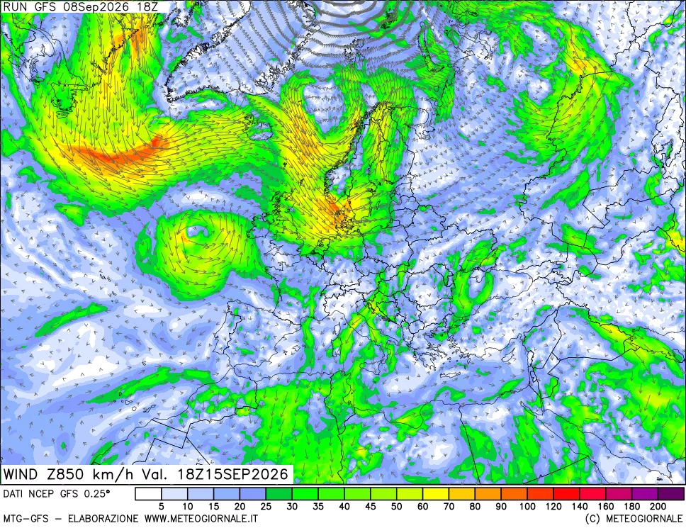 mappa 850 hPa Vento forza e direzione