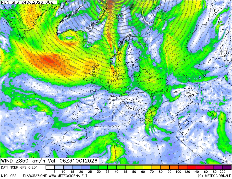 mappa 850 hPa Vento forza e direzione