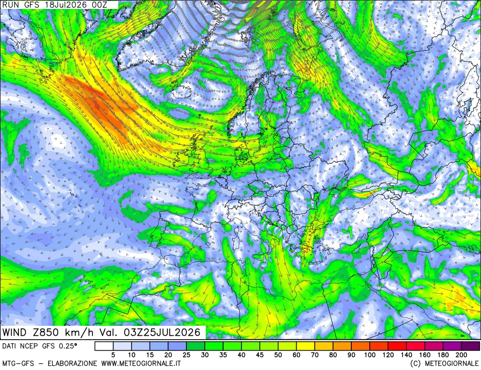mappa 850 hPa Vento forza e direzione
