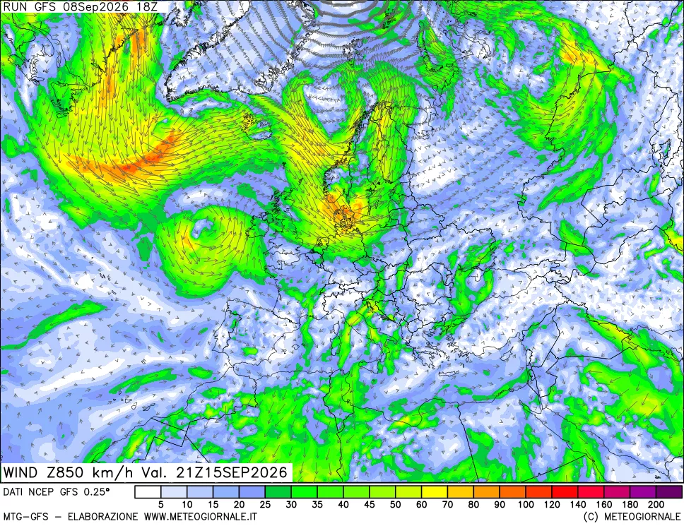 mappa 850 hPa Vento forza e direzione