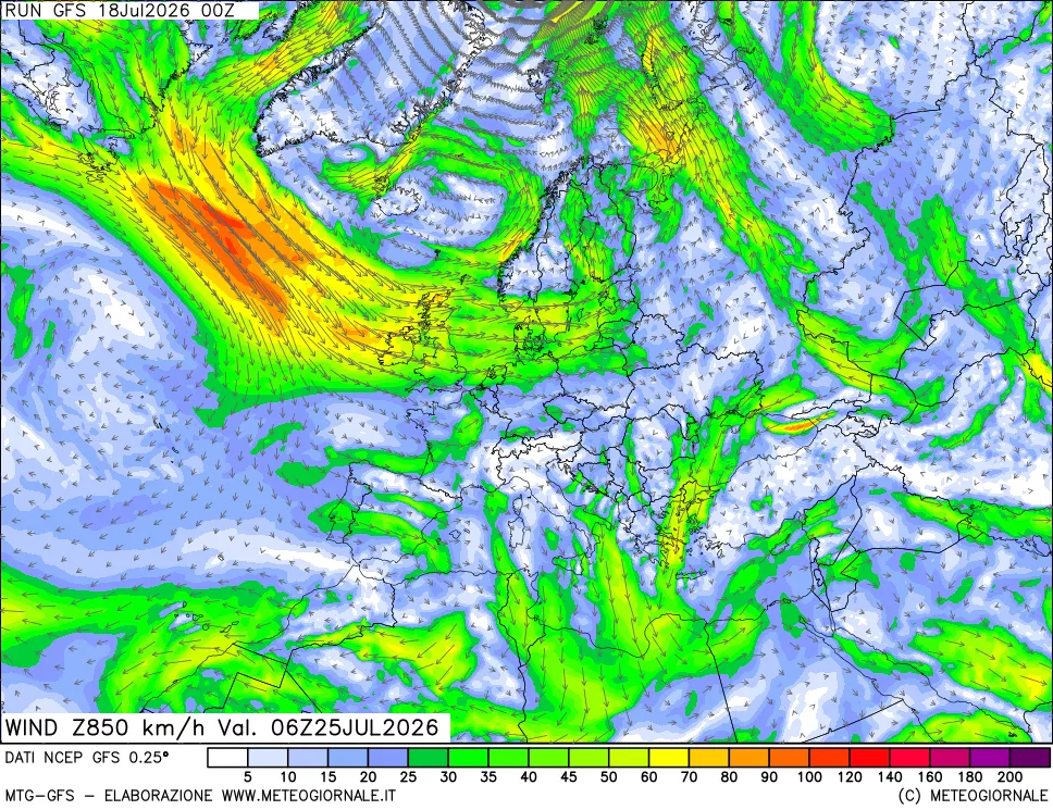 mappa 850 hPa Vento forza e direzione