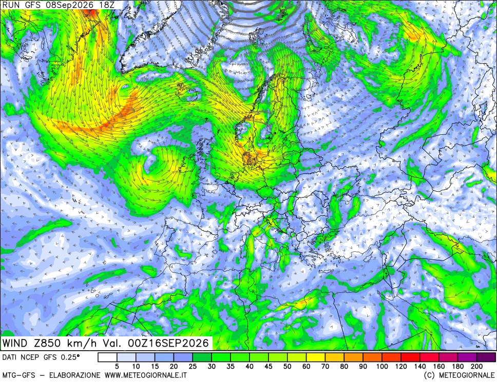 mappa 850 hPa Vento forza e direzione