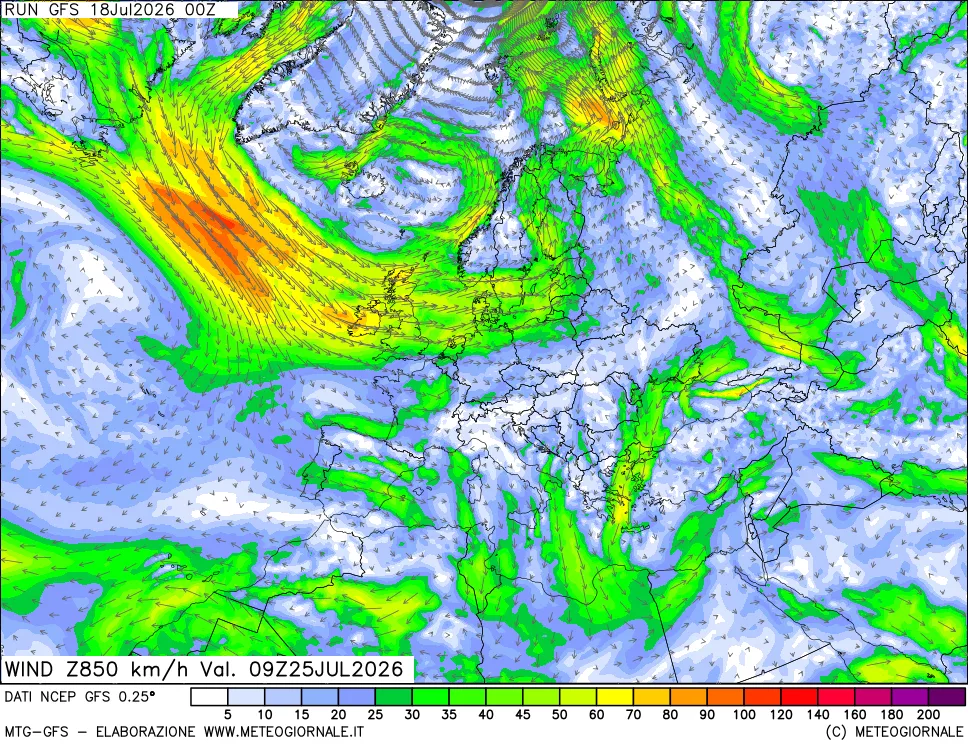 mappa 850 hPa Vento forza e direzione