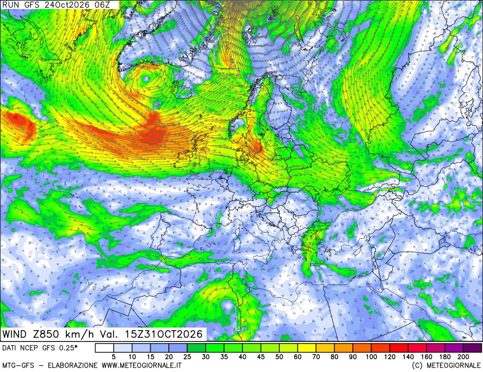 mappa 850 hPa Vento forza e direzione