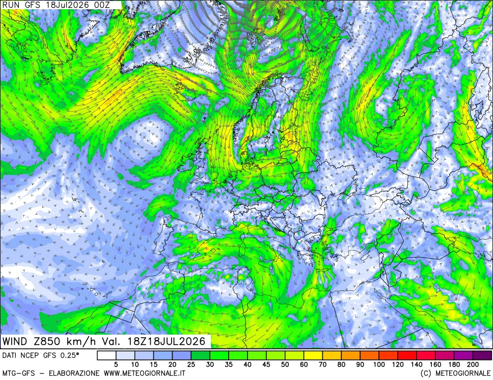 mappa 850 hPa Vento forza e direzione