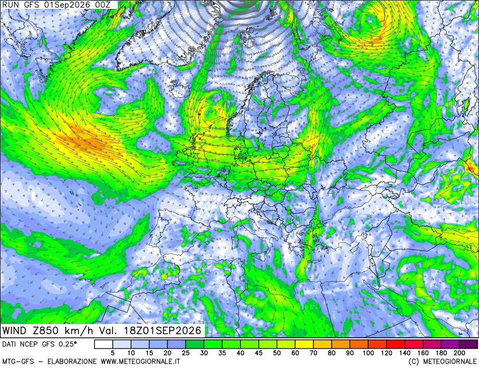 mappa 850 hPa Vento forza e direzione