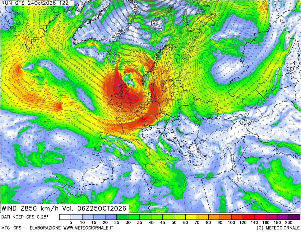 mappa 850 hPa Vento forza e direzione