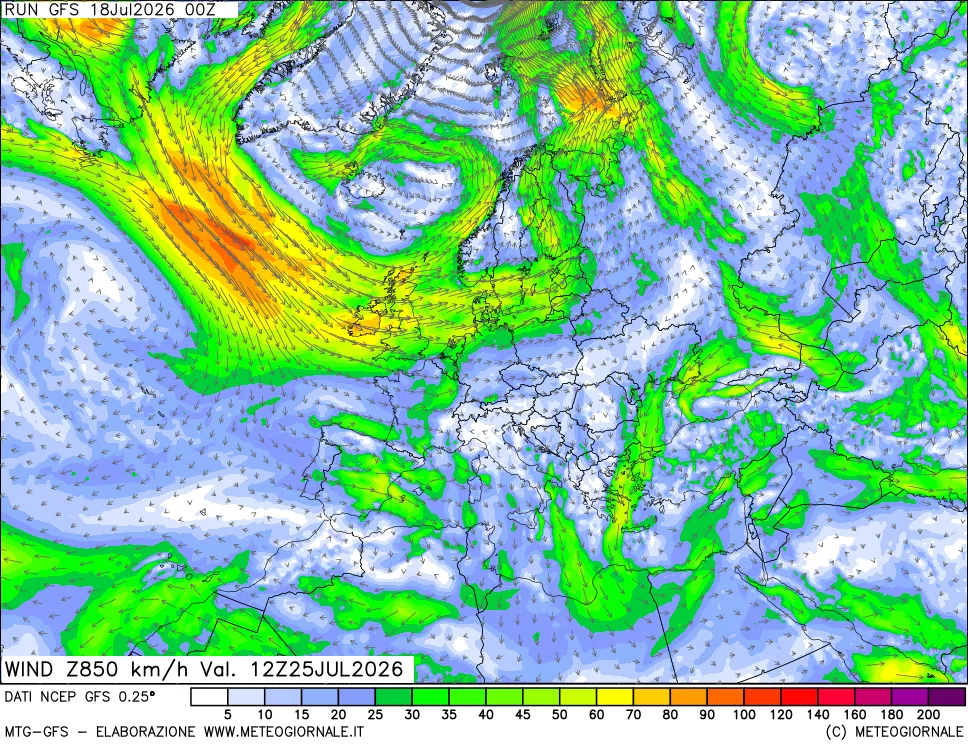 mappa 850 hPa Vento forza e direzione