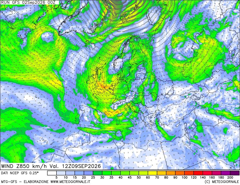 mappa 850 hPa Vento forza e direzione
