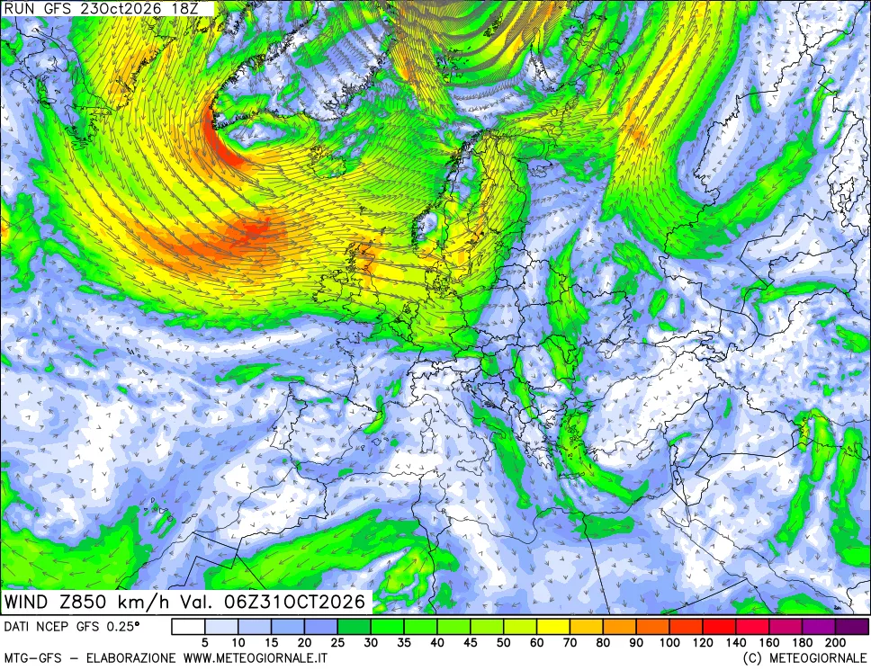 mappa 850 hPa Vento forza e direzione