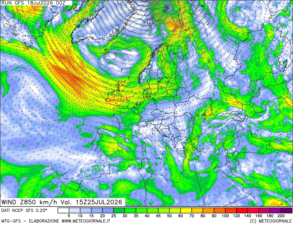 mappa 850 hPa Vento forza e direzione