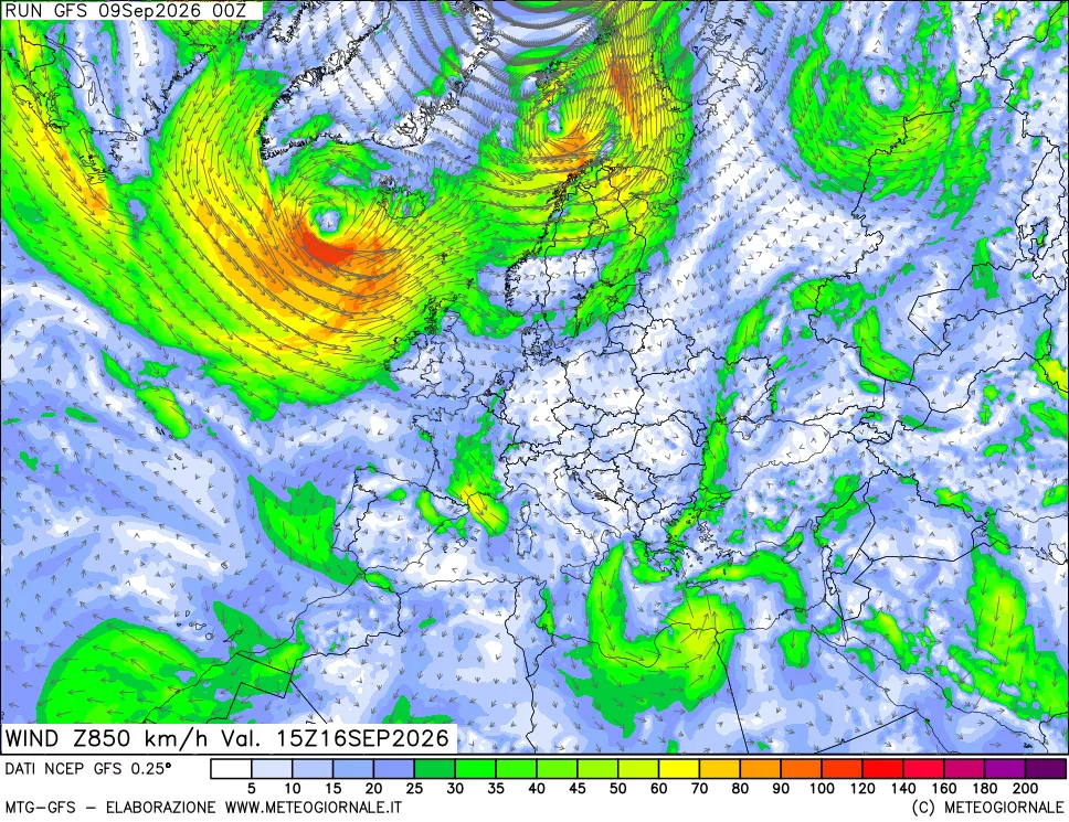 mappa 850 hPa Vento forza e direzione
