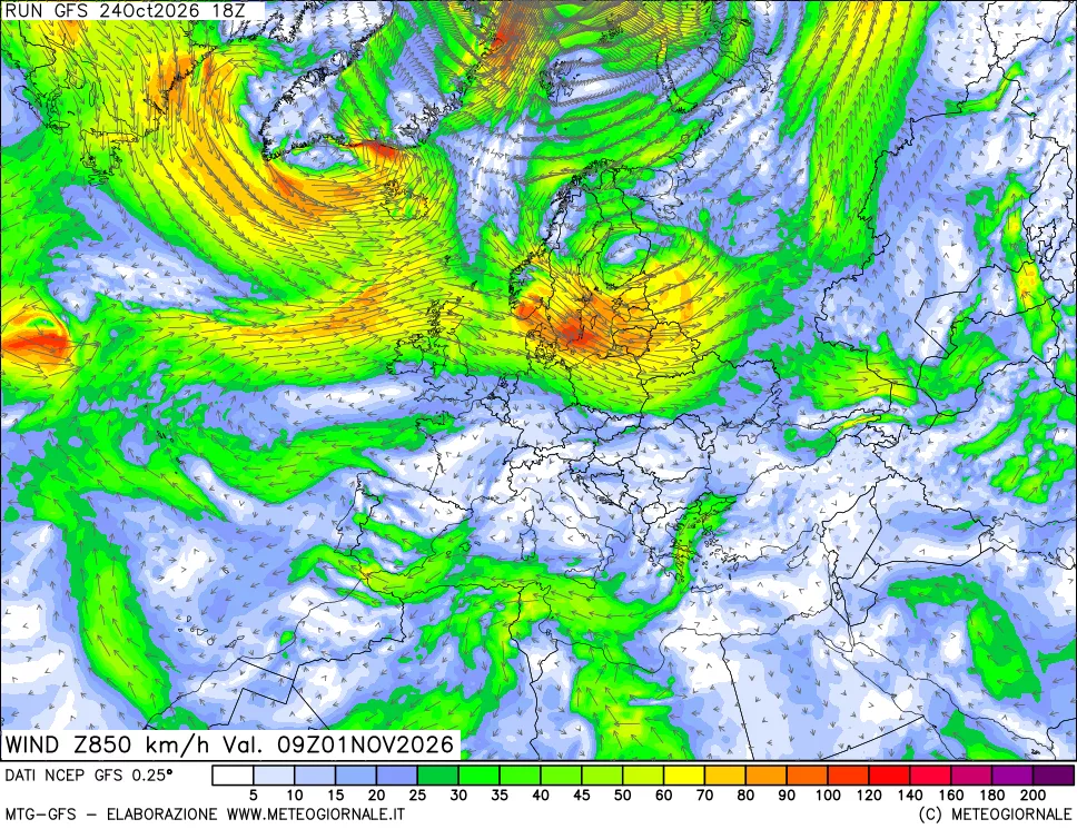 mappa 850 hPa Vento forza e direzione