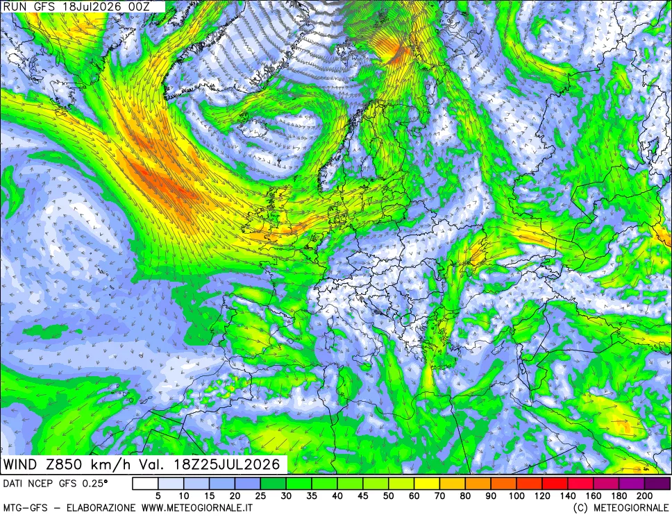 mappa 850 hPa Vento forza e direzione