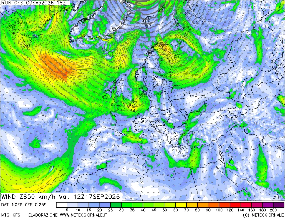 mappa 850 hPa Vento forza e direzione
