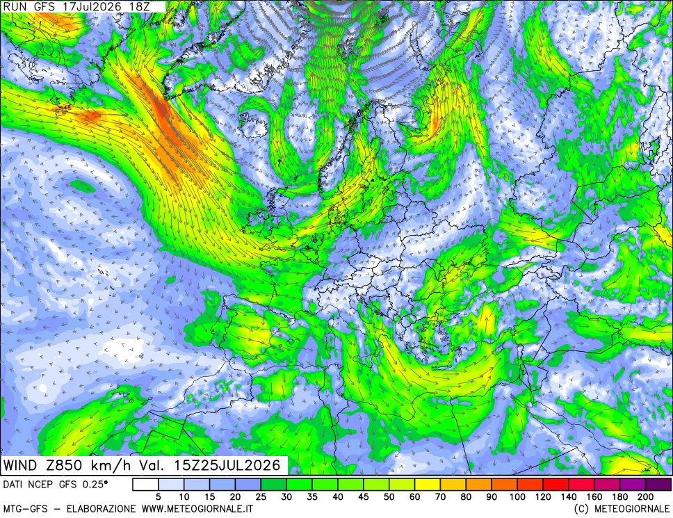 mappa 850 hPa Vento forza e direzione