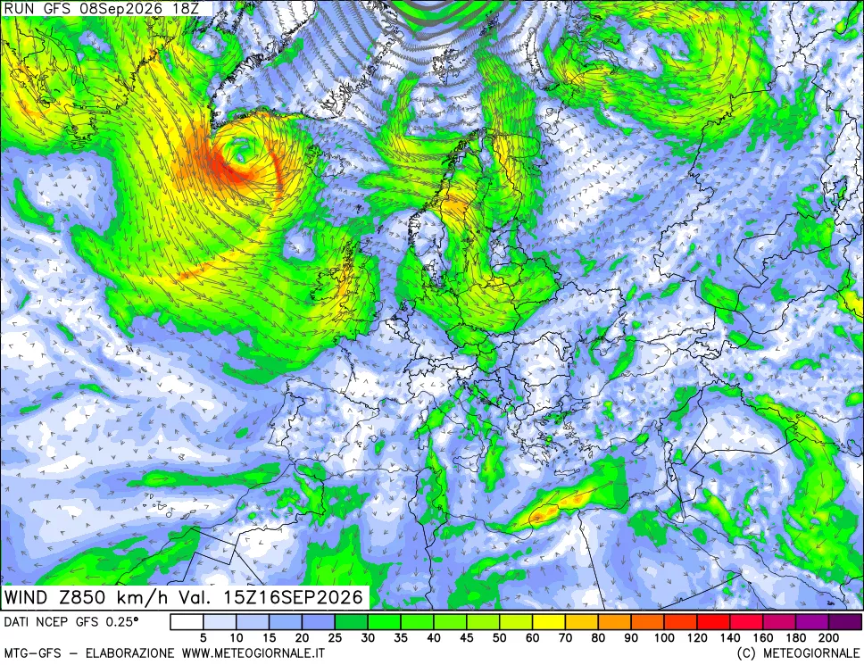 mappa 850 hPa Vento forza e direzione