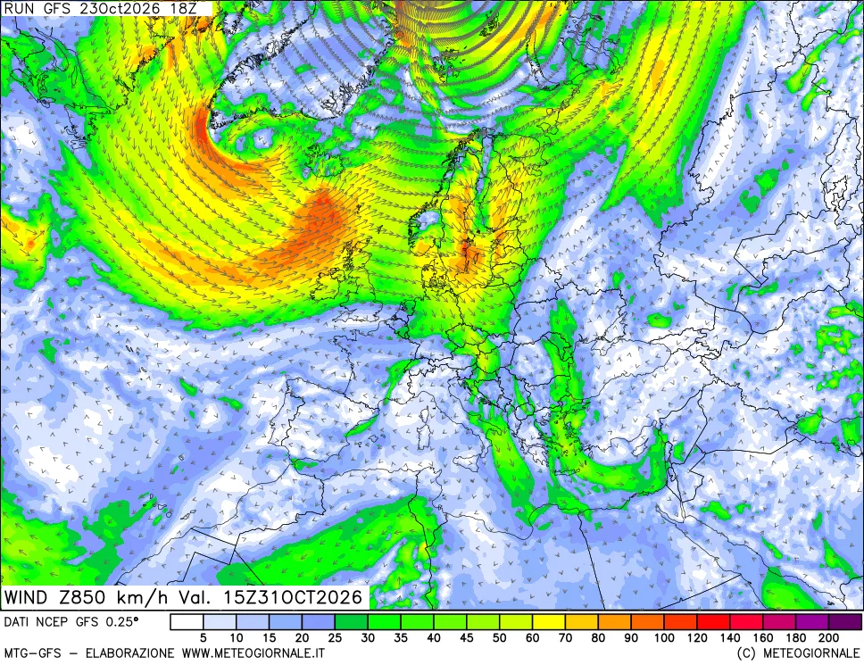 mappa 850 hPa Vento forza e direzione