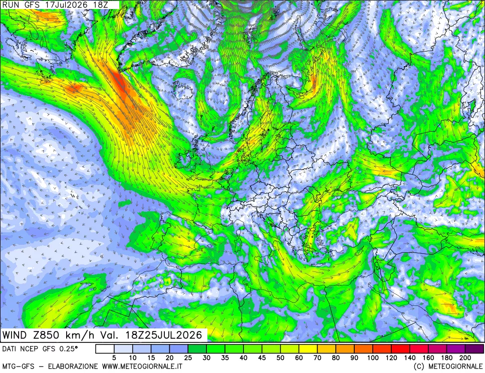 mappa 850 hPa Vento forza e direzione