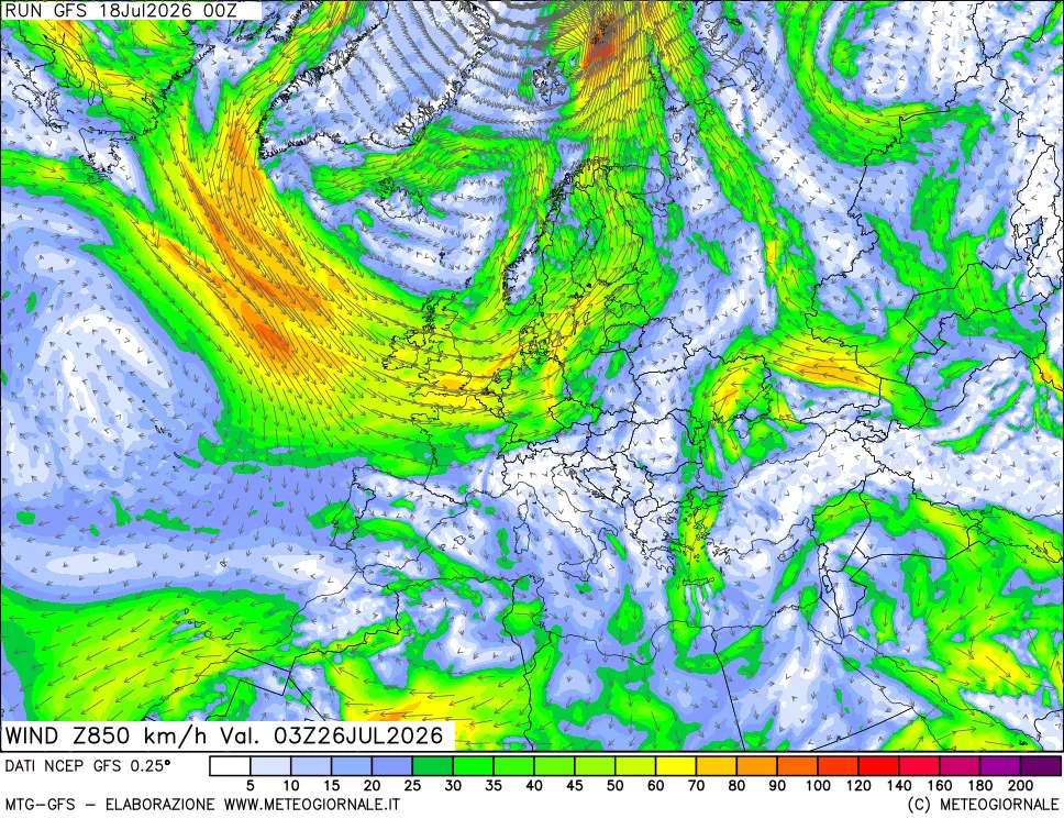 mappa 850 hPa Vento forza e direzione