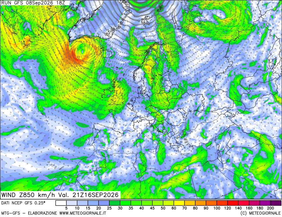 mappa 850 hPa Vento forza e direzione