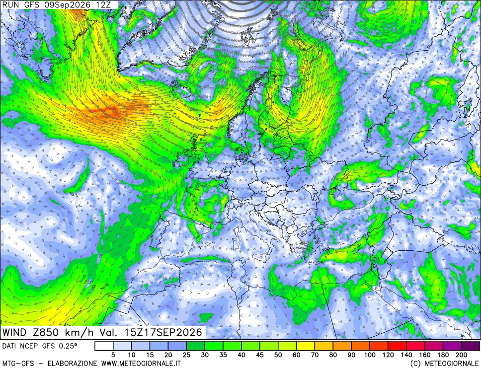 mappa 850 hPa Vento forza e direzione