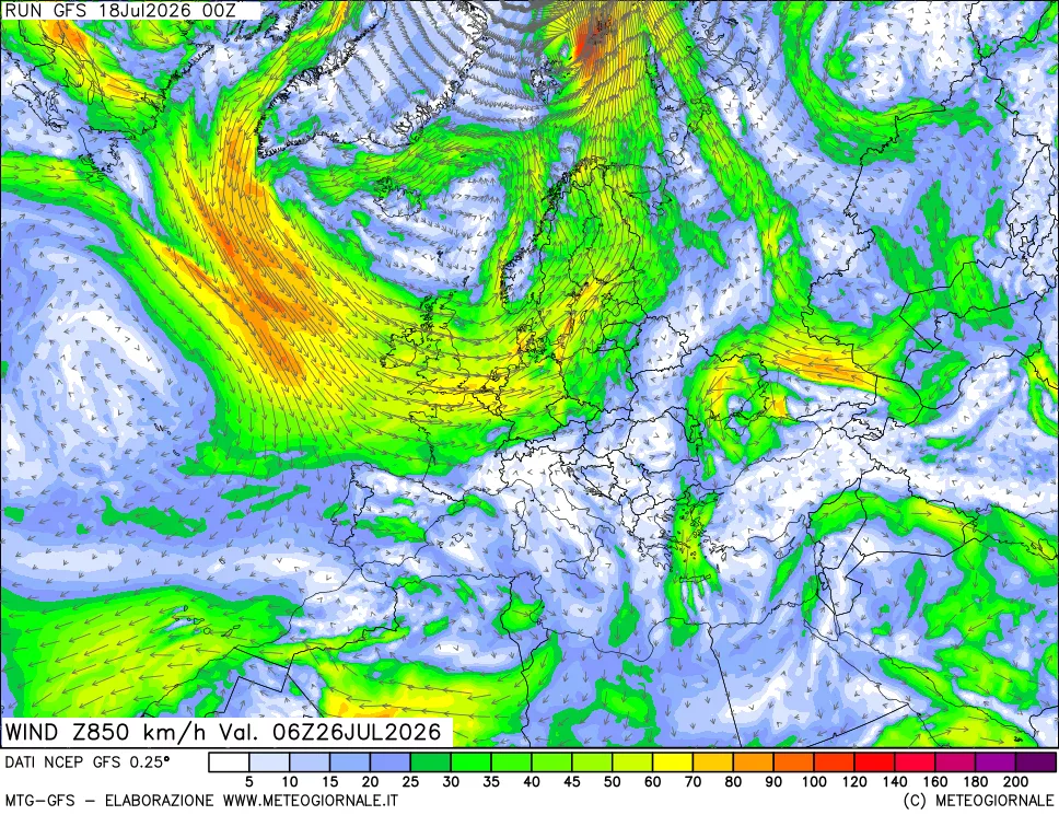 mappa 850 hPa Vento forza e direzione
