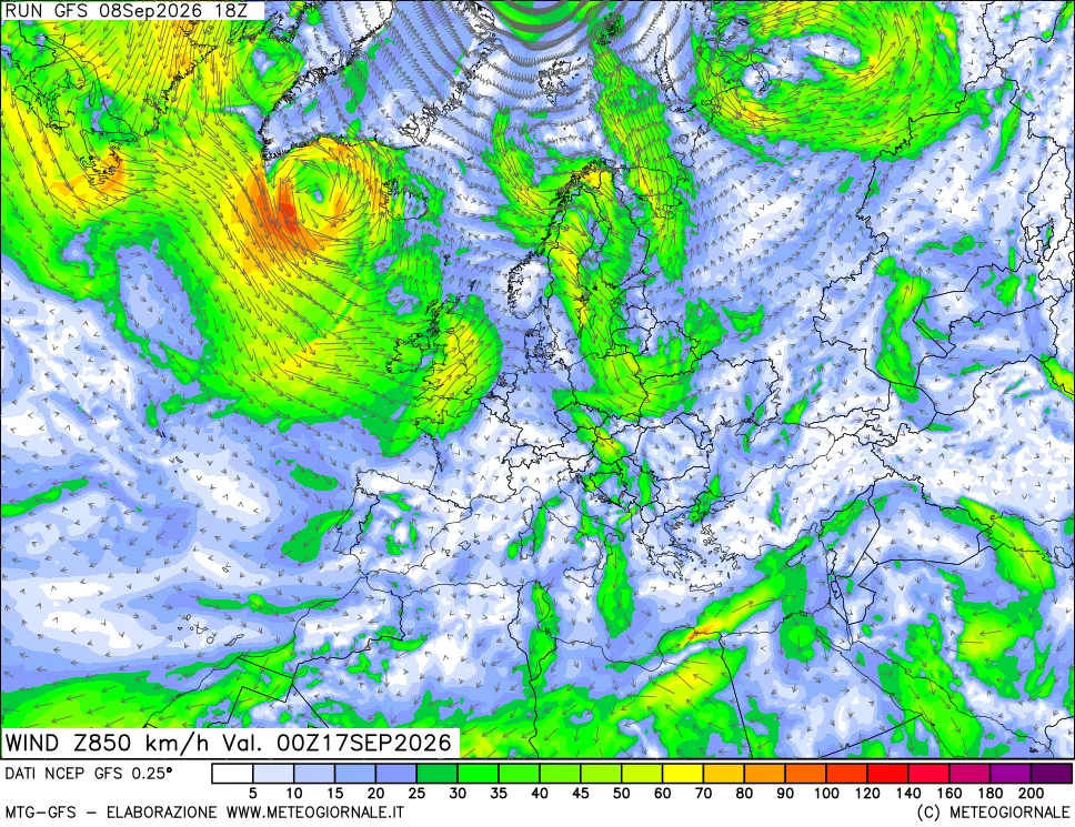 mappa 850 hPa Vento forza e direzione