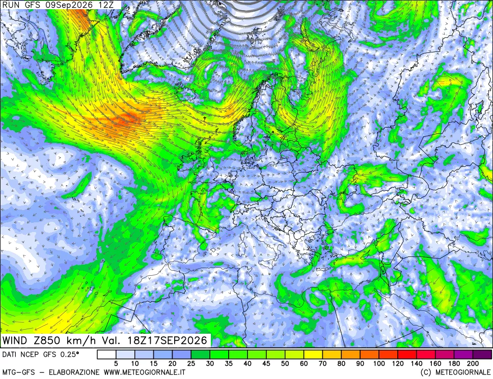 mappa 850 hPa Vento forza e direzione
