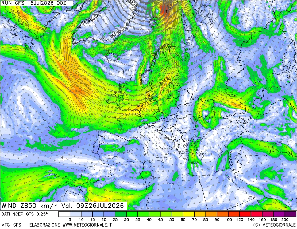 mappa 850 hPa Vento forza e direzione