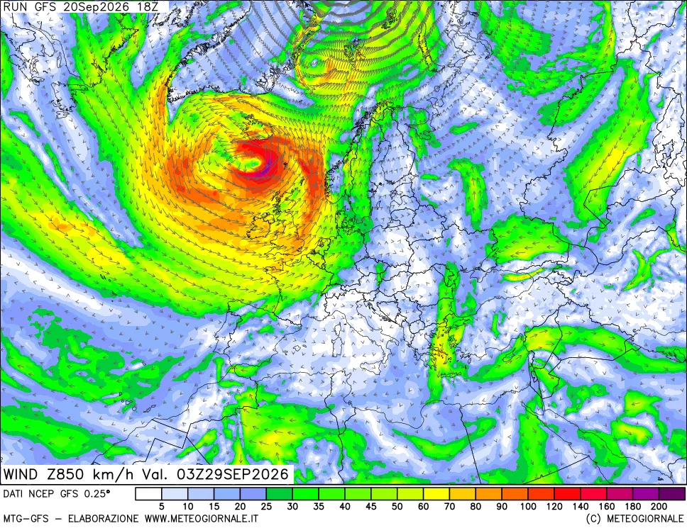mappa 850 hPa Vento forza e direzione