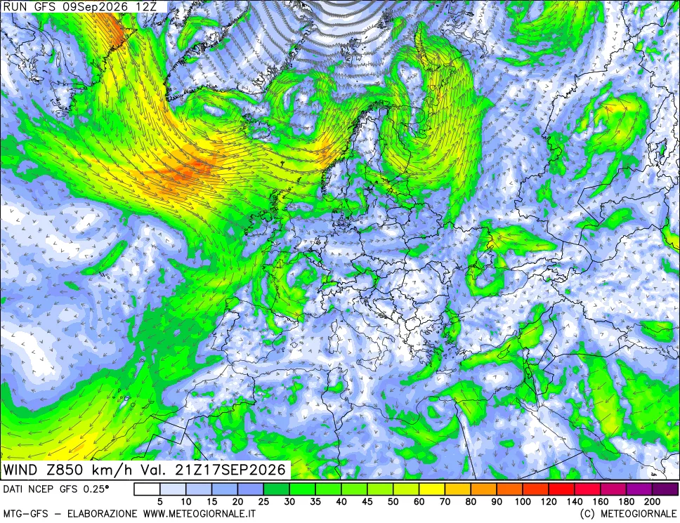 mappa 850 hPa Vento forza e direzione