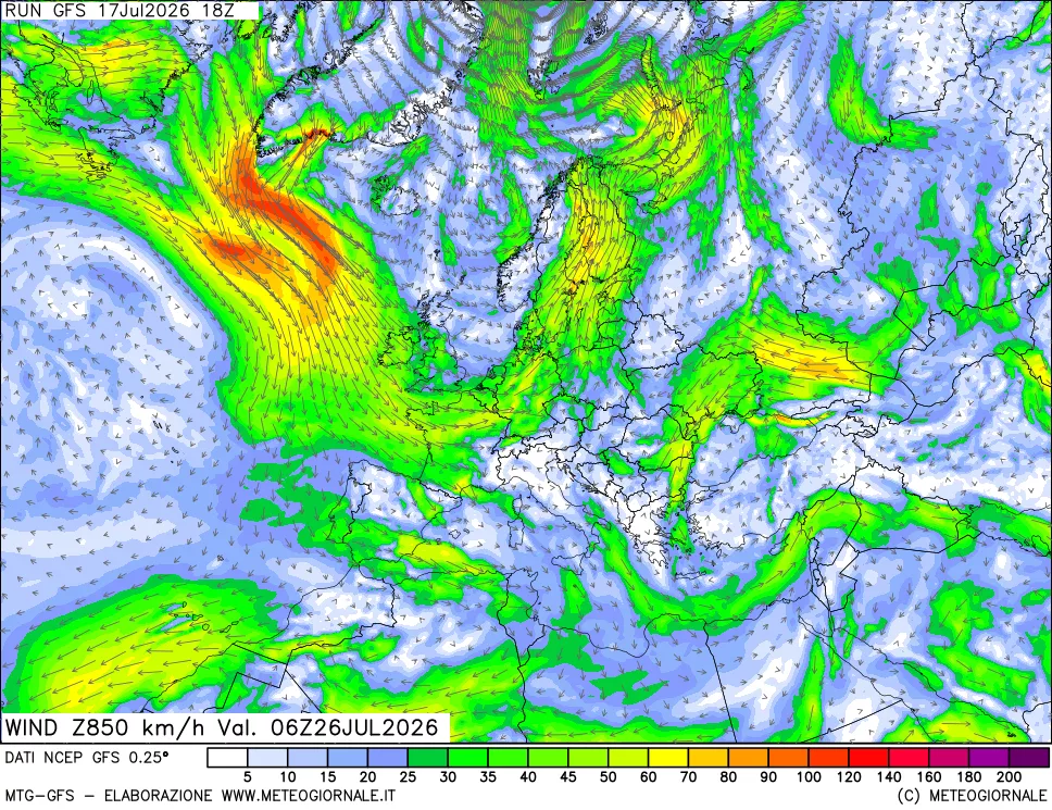 mappa 850 hPa Vento forza e direzione