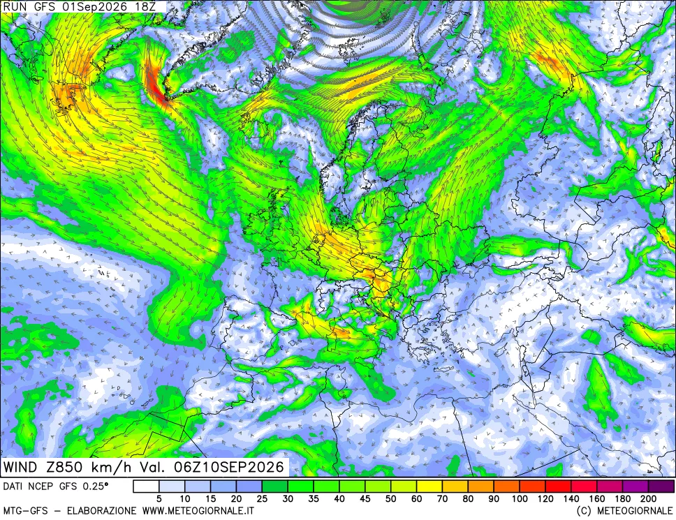 mappa 850 hPa Vento forza e direzione