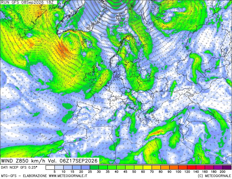 mappa 850 hPa Vento forza e direzione