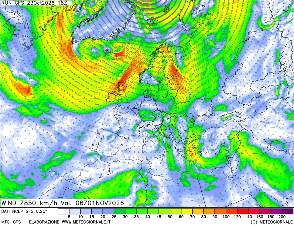 mappa 850 hPa Vento forza e direzione