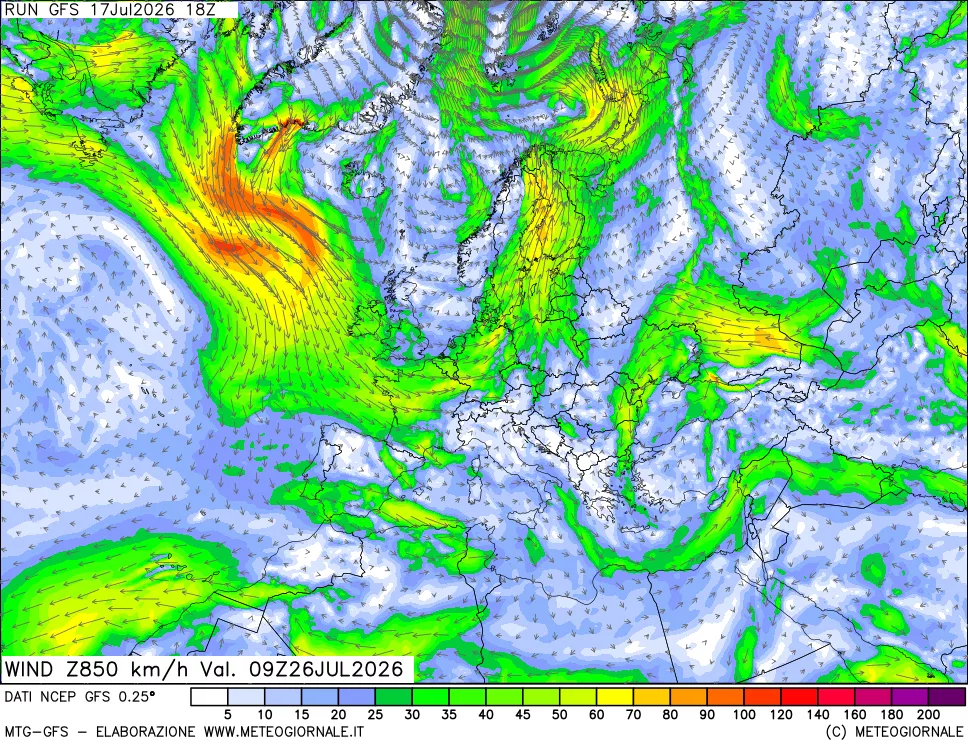mappa 850 hPa Vento forza e direzione