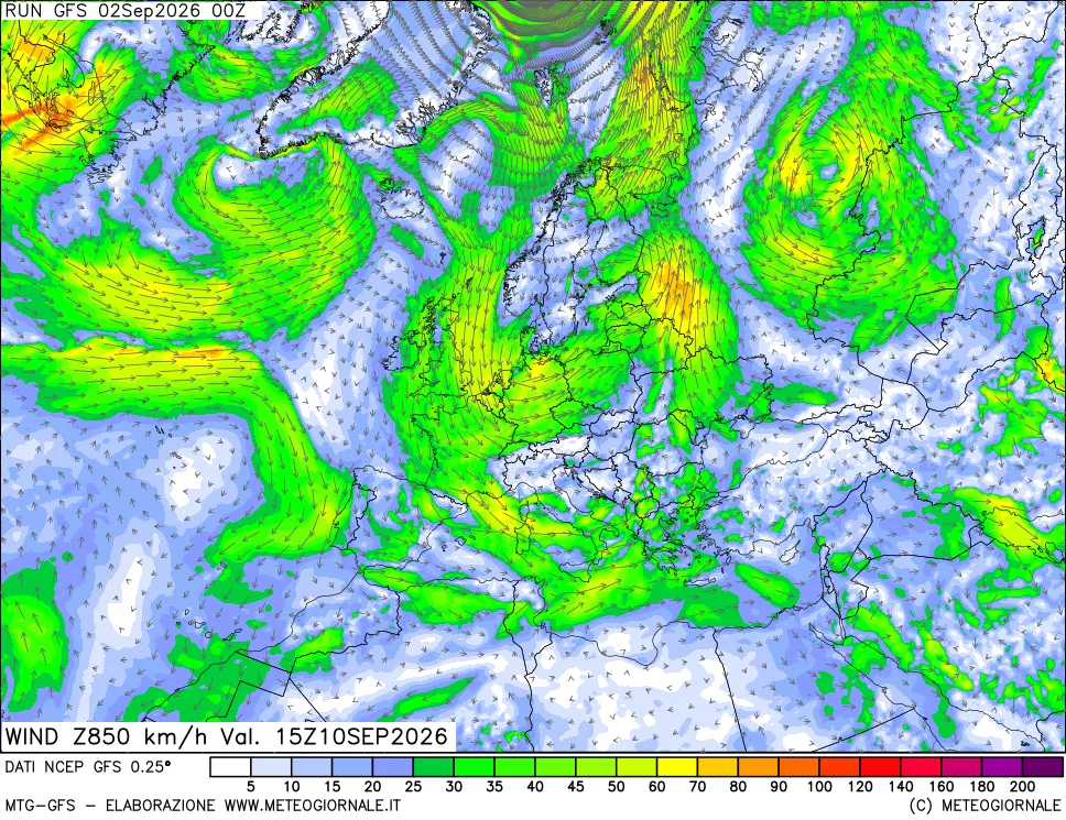 mappa 850 hPa Vento forza e direzione