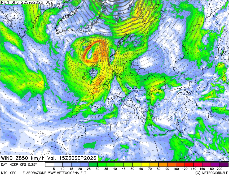 mappa 850 hPa Vento forza e direzione